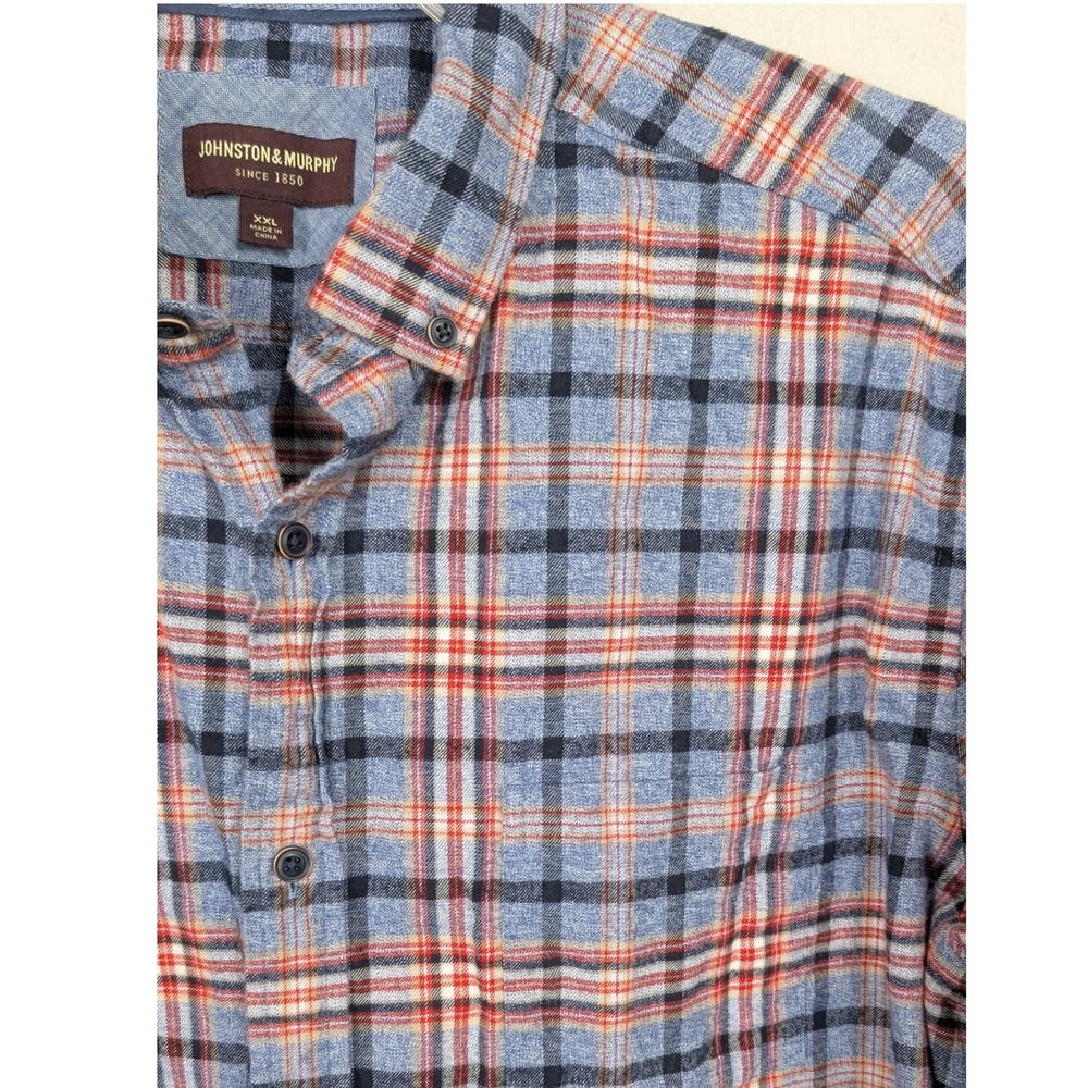 Johnston & Murphy XXL Flannel Shirt Long Sleeve Blue‎ Red Plaid Cotton Mens